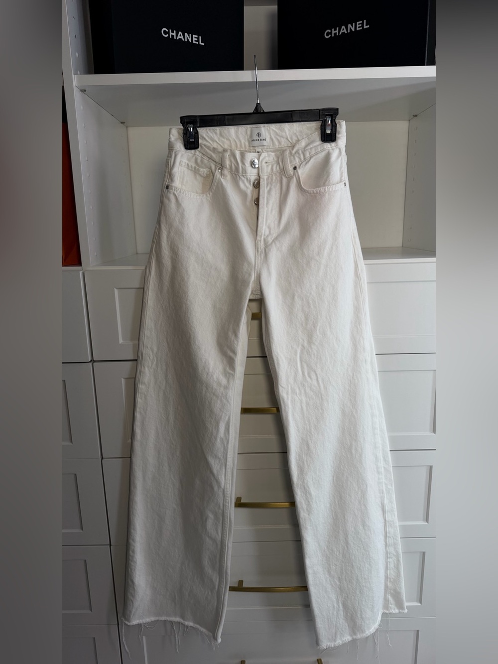 ANINE BING Hugh Jean Ivory Wide Leg Raw Hem Size 24
